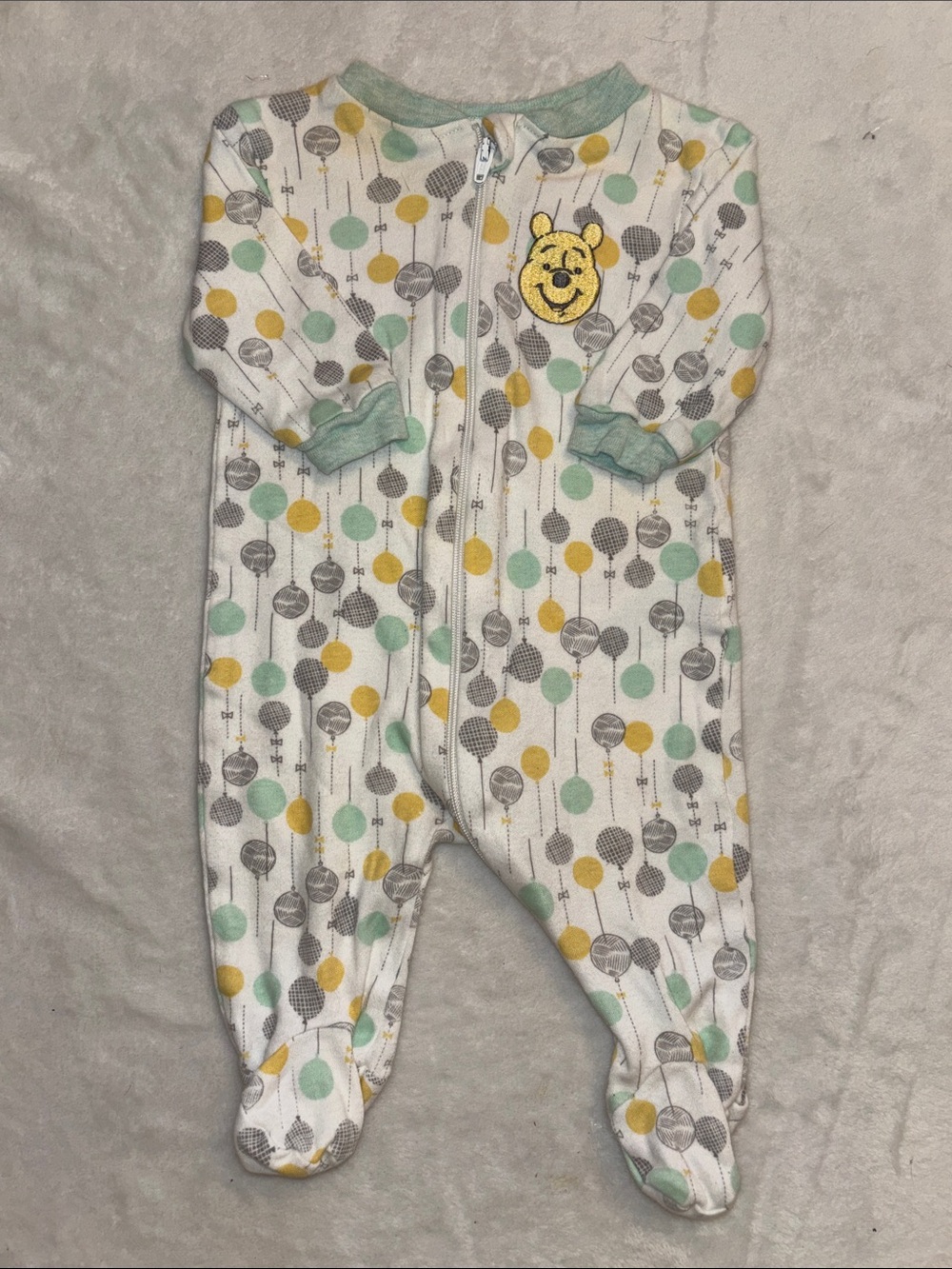 Disney White Baby One-Piece Footed Sleeper with Yellow & Mint Dots
